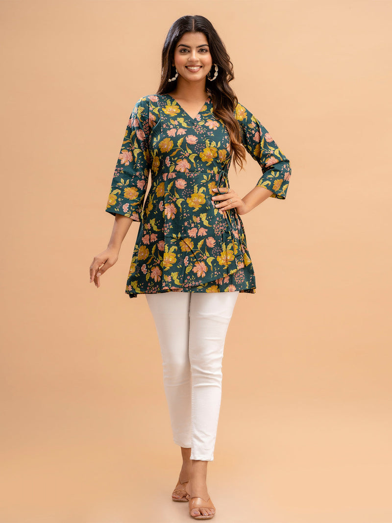 Floral Printed V-Neck Pure Cotton Angrakha A-Line Kurti