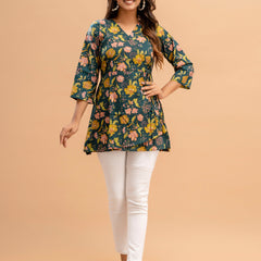 Floral Printed V-Neck Pure Cotton Angrakha A-Line Kurti
