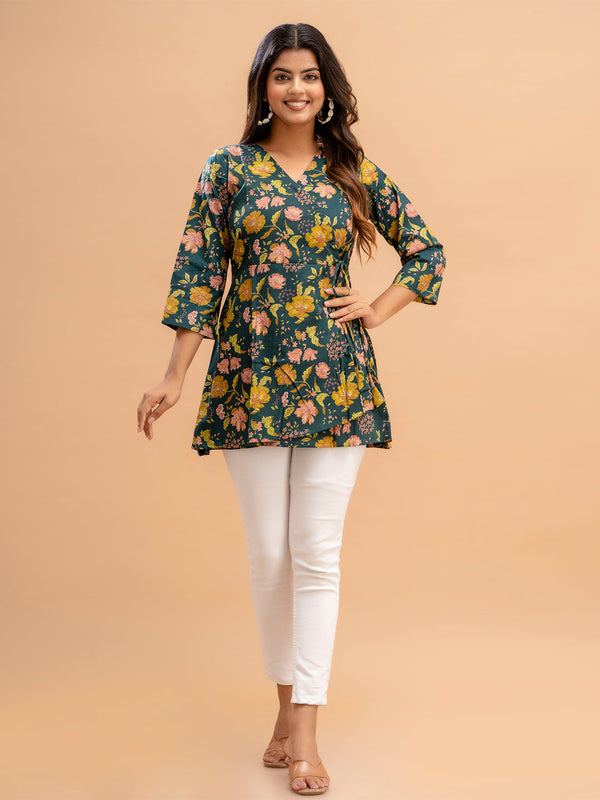 Floral Printed V-Neck Pure Cotton Angrakha A-Line Kurti