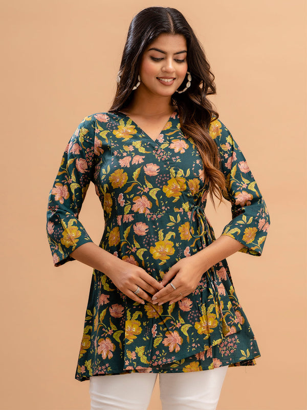 Floral Printed V-Neck Pure Cotton Angrakha A-Line Kurti