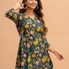 Floral Printed V-Neck Pure Cotton Angrakha A-Line Kurti