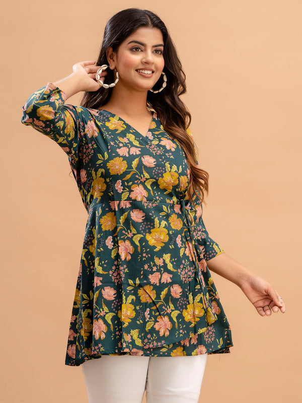 Floral Printed V-Neck Pure Cotton Angrakha A-Line Kurti
