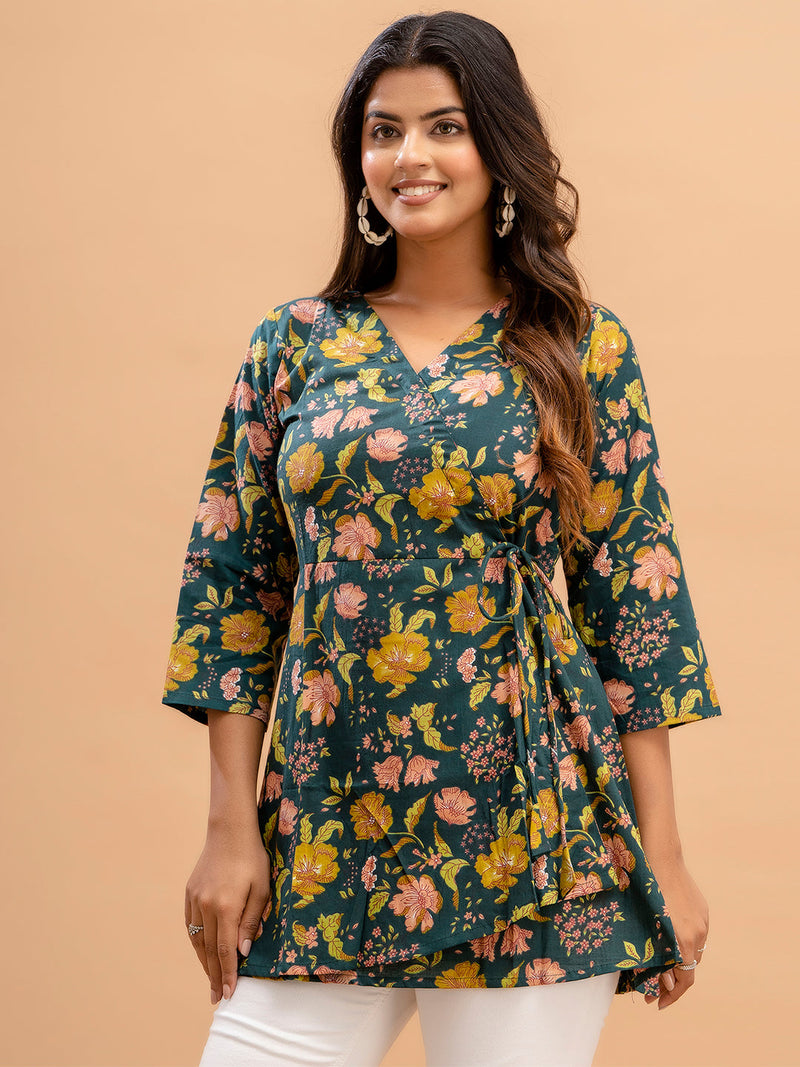 Floral Printed V-Neck Pure Cotton Angrakha A-Line Kurti