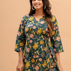 Floral Printed V-Neck Pure Cotton Angrakha A-Line Kurti