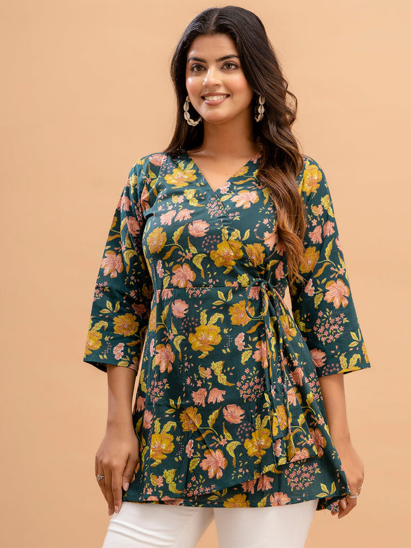 Floral Printed V-Neck Pure Cotton Angrakha A-Line Kurti