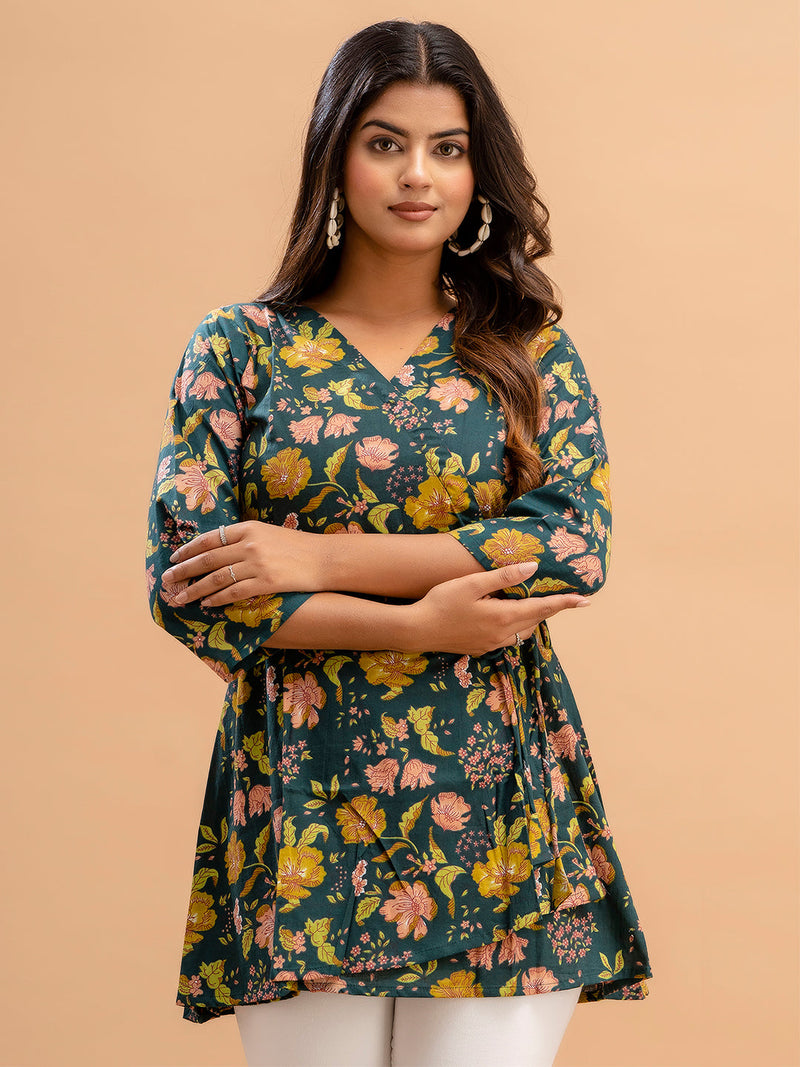 Floral Printed V-Neck Pure Cotton Angrakha A-Line Kurti