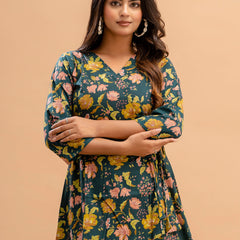 Floral Printed V-Neck Pure Cotton Angrakha A-Line Kurti