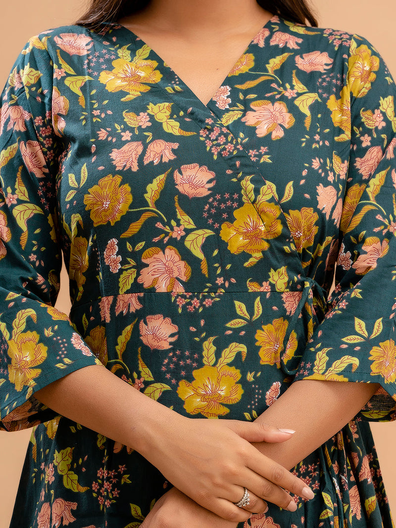 Floral Printed V-Neck Pure Cotton Angrakha A-Line Kurti