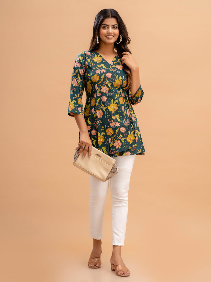 Floral Printed V-Neck Pure Cotton Angrakha A-Line Kurti