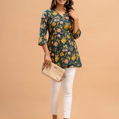 Floral Printed V-Neck Pure Cotton Angrakha A-Line Kurti