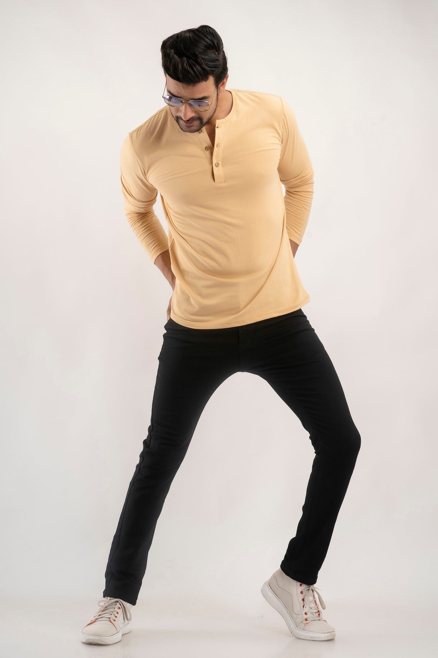 Plain Beige Henley Full Sleeves T-Shirt