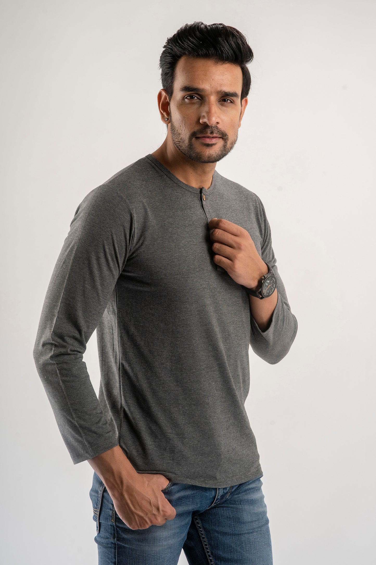 Plain Dark Grey Henley Full Sleeves T-Shirt