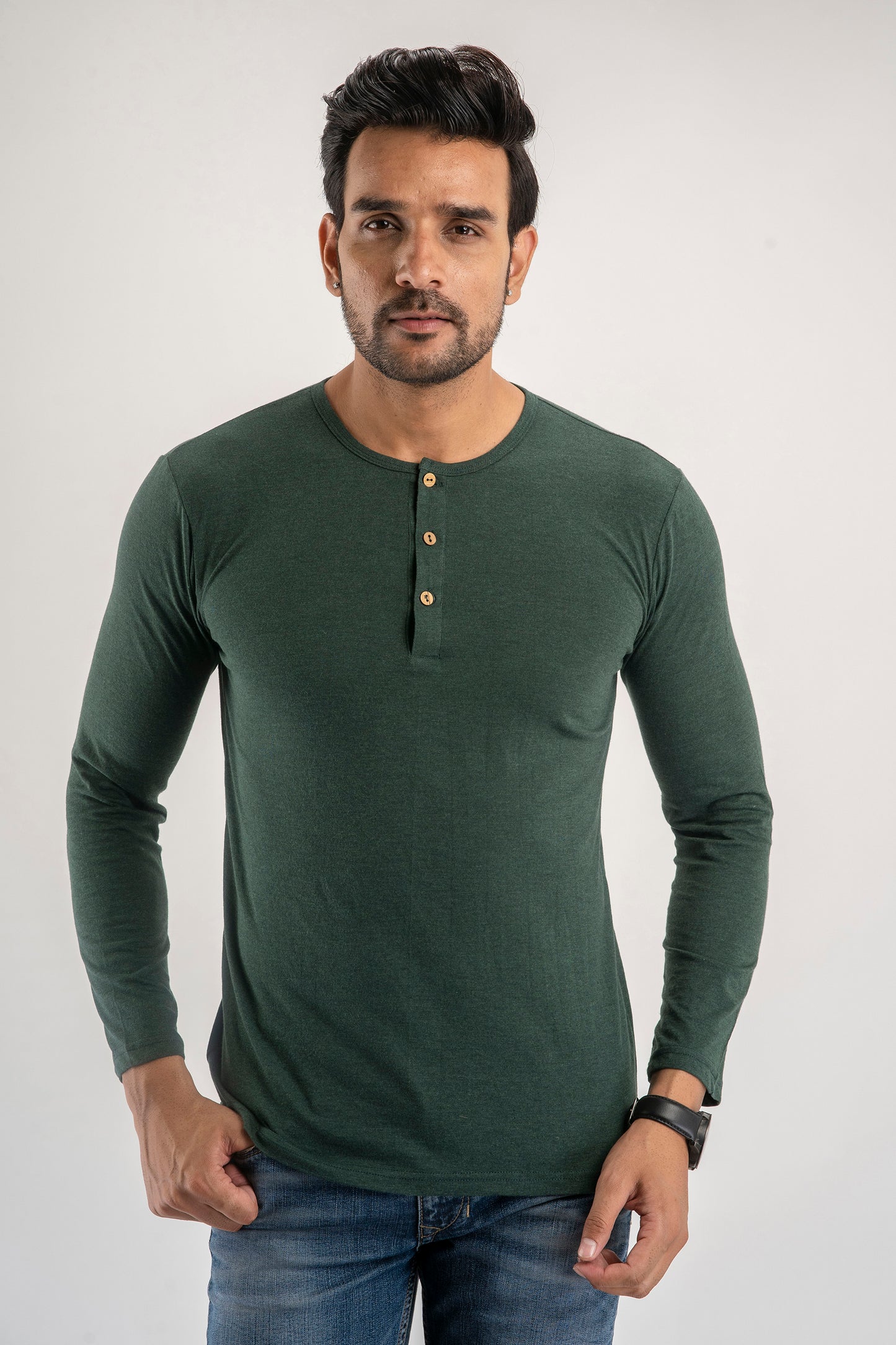 Plain Green Melange Henley Full Sleeves T-Shirt