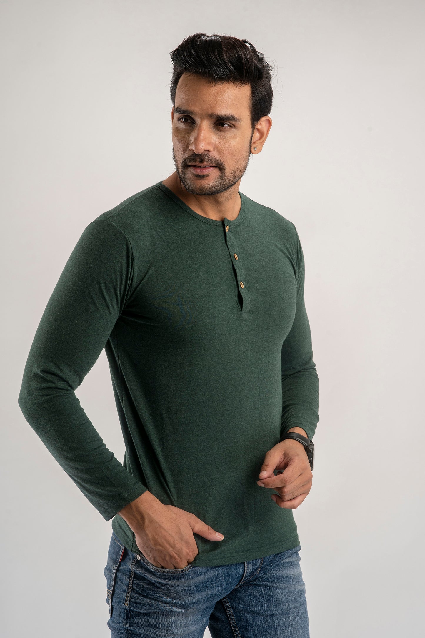 Plain Green Melange Henley Full Sleeves T-Shirt