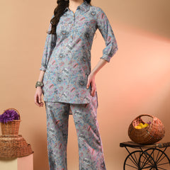 Grey Elegant Collared Co-Ord Set with Frill Detail & Elasticated Pants