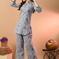 Grey Elegant Collared Co-Ord Set with Frill Detail & Elasticated Pants