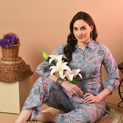 Grey Elegant Collared Co-Ord Set with Frill Detail & Elasticated Pants