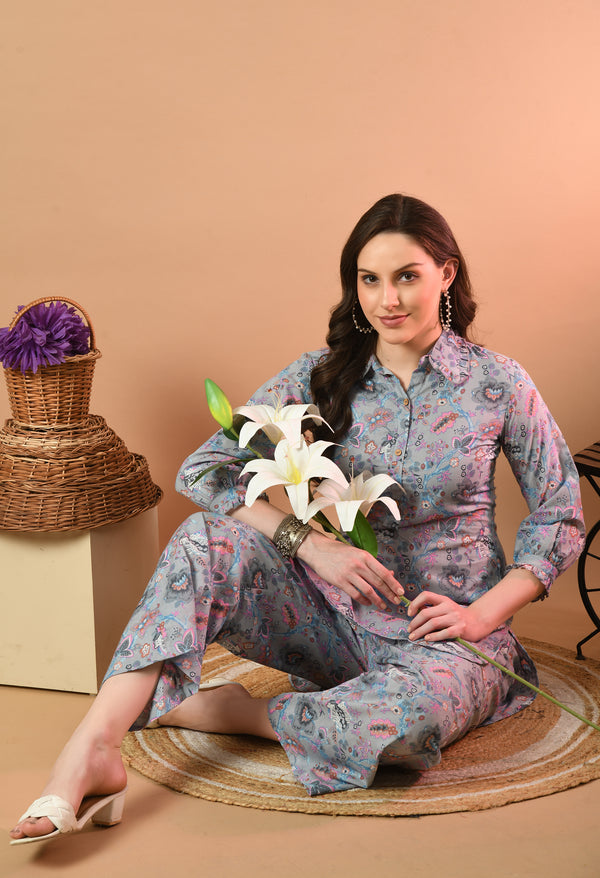 Grey Elegant Collared Co-Ord Set with Frill Detail & Elasticated Pants