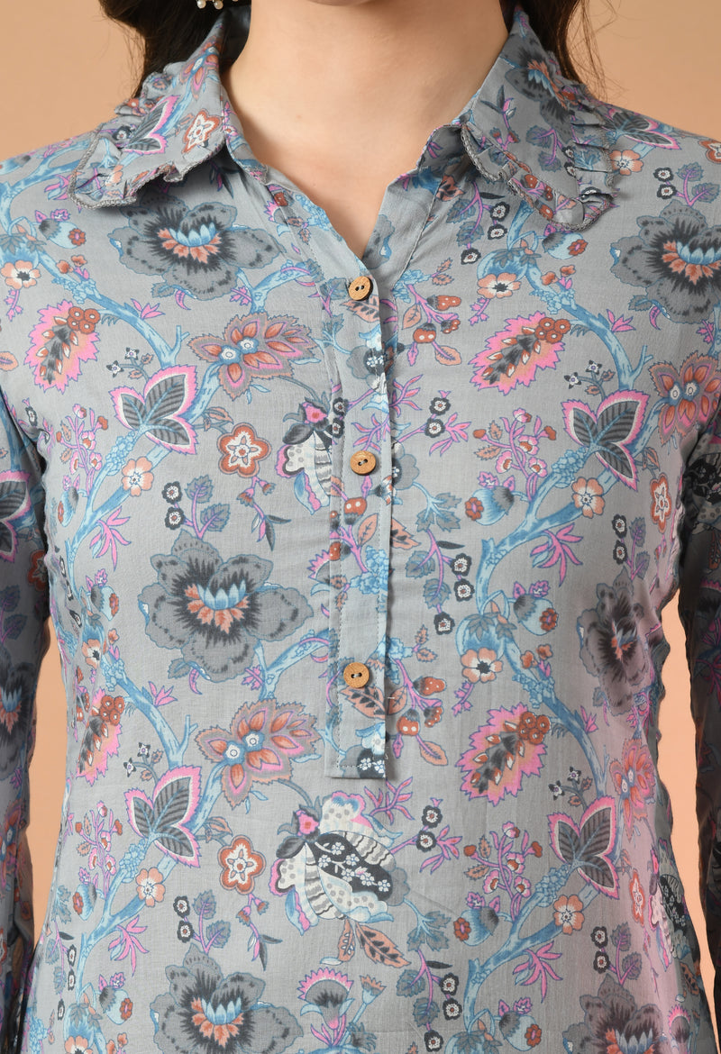 Grey Elegant Collared Co-Ord Set with Frill Detail & Elasticated Pants