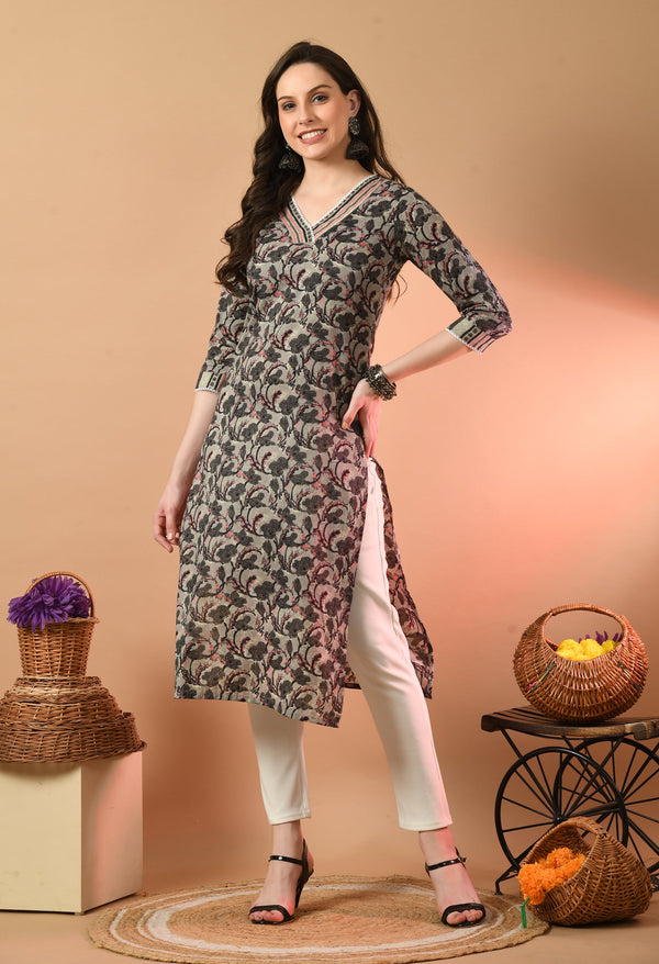 V-Neck Floral Print Long Kurti