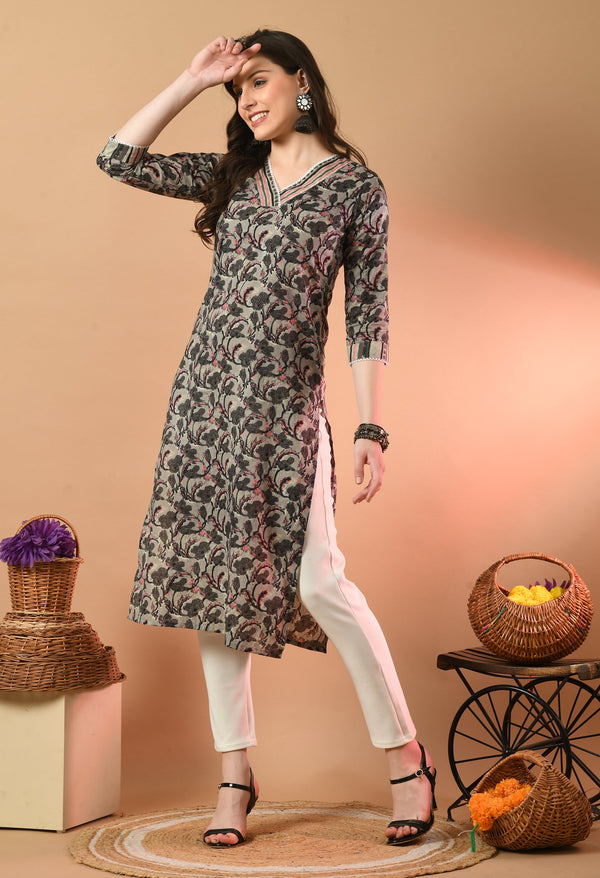V-Neck Floral Print Long Kurti