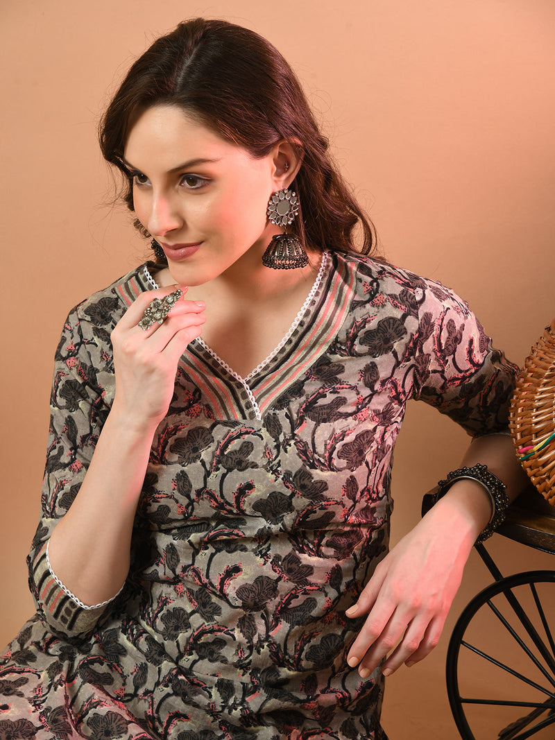 V-Neck Floral Print Long Kurti