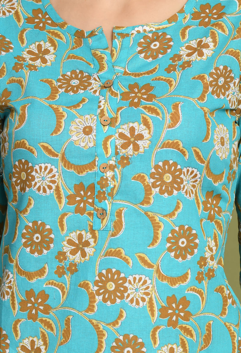 Floral Print 4 Button Straight Kurti