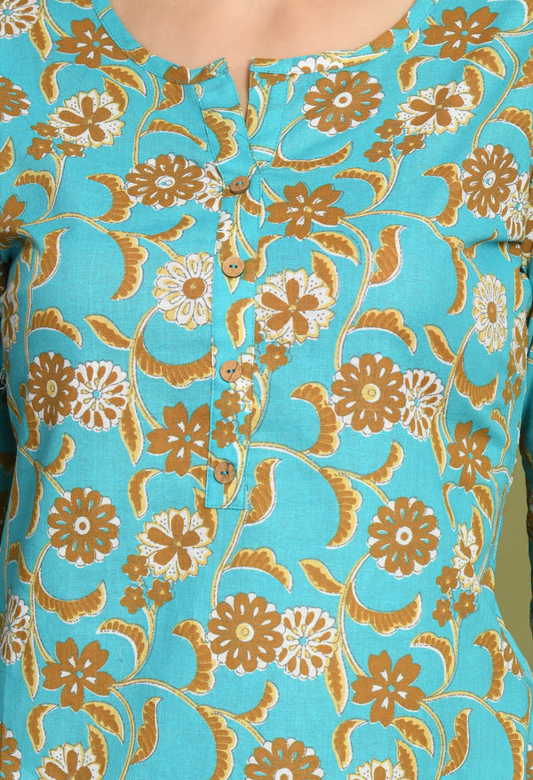 Floral Print 4 Button Straight Kurti