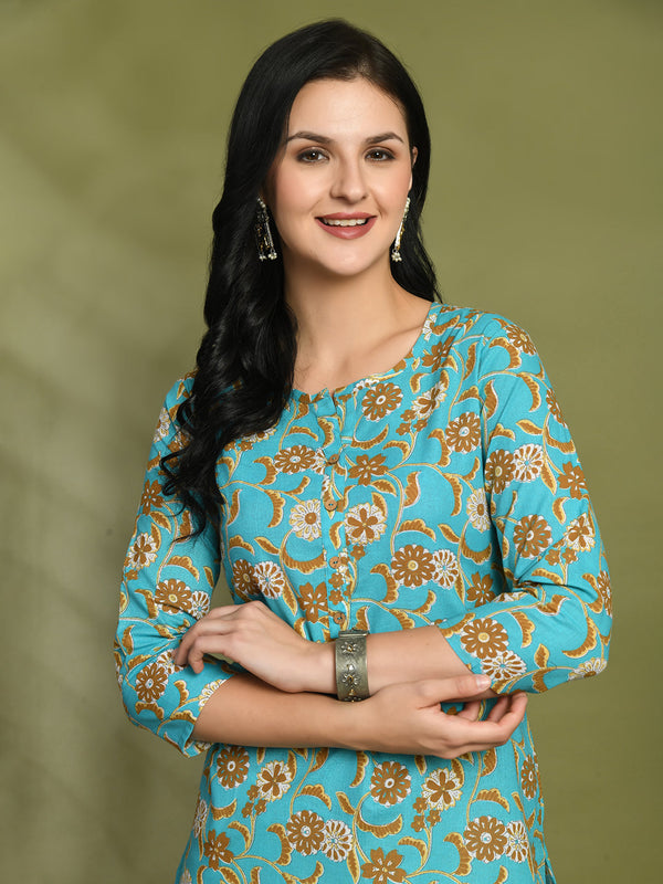 Floral Print 4 Button Straight Kurti