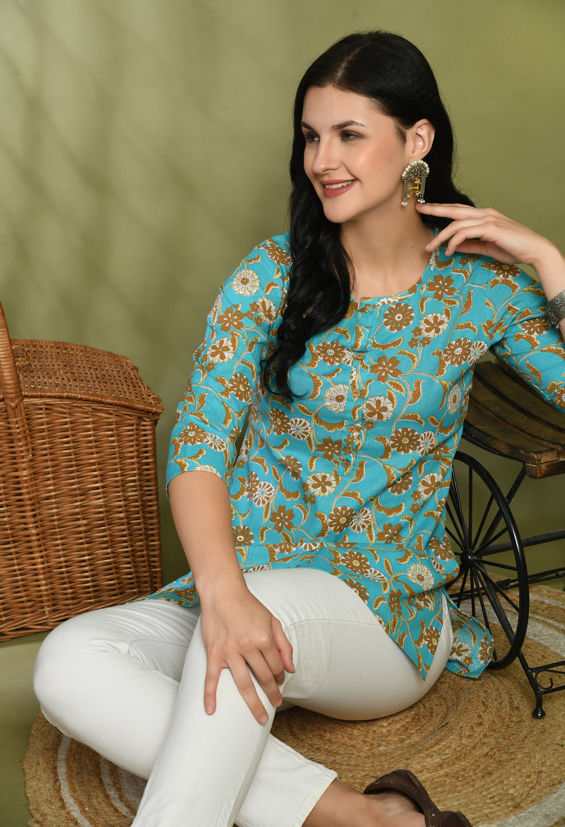 Floral Print 4 Button Straight Kurti