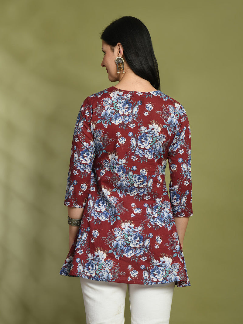 Floral Print Angrakha 3\4 Sleeves Flared Kurti