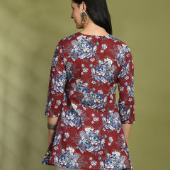 Floral Print Angrakha 3\4 Sleeves Flared Kurti