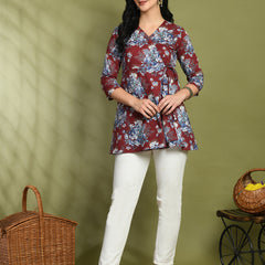 Floral Print Angrakha 3\4 Sleeves Flared Kurti