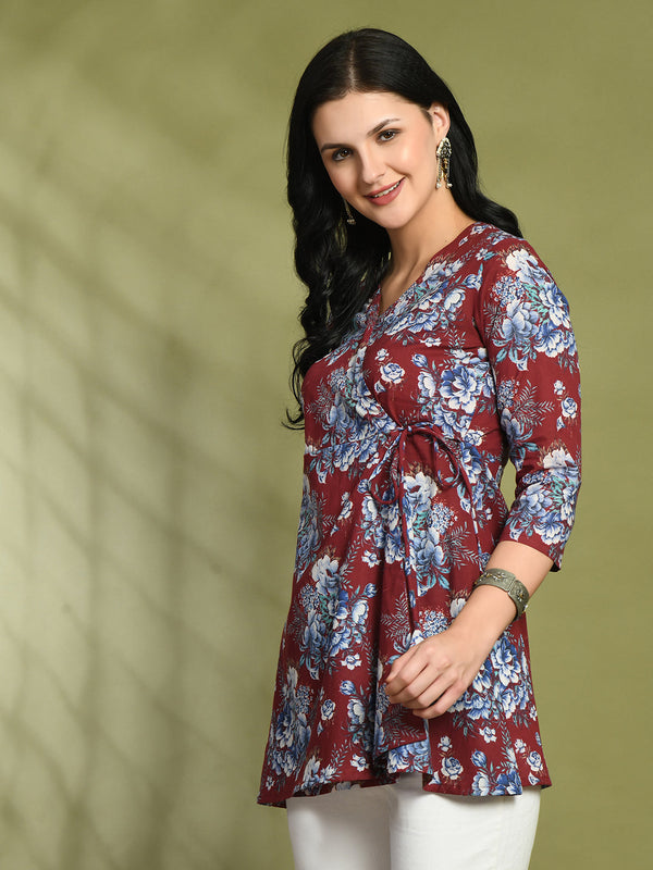 Floral Print Angrakha 3\4 Sleeves Flared Kurti