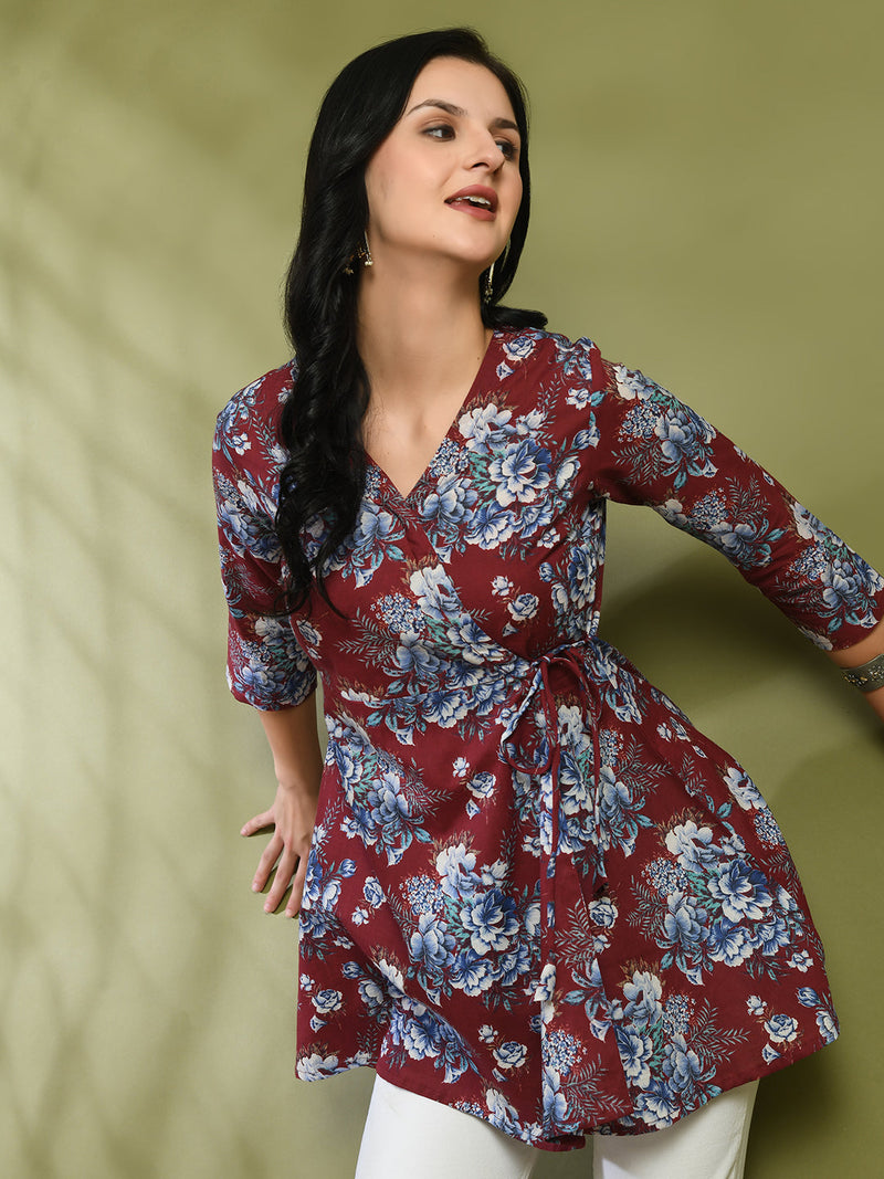 Floral Print Angrakha 3\4 Sleeves Flared Kurti