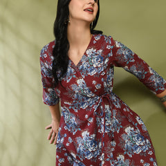 Floral Print Angrakha 3\4 Sleeves Flared Kurti