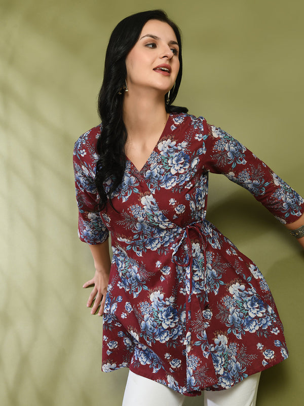 Floral Print Angrakha 3\4 Sleeves Flared Kurti
