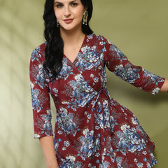 Floral Print Angrakha 3\4 Sleeves Flared Kurti