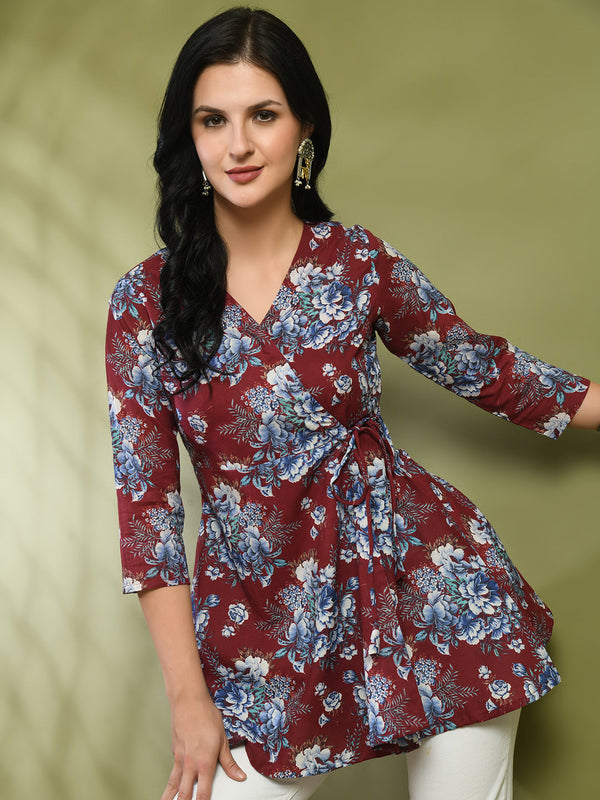 Floral Print Angrakha 3\4 Sleeves Flared Kurti