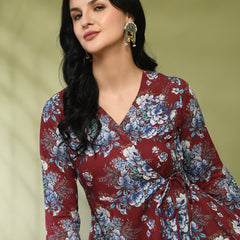 Floral Print Angrakha 3\4 Sleeves Flared Kurti