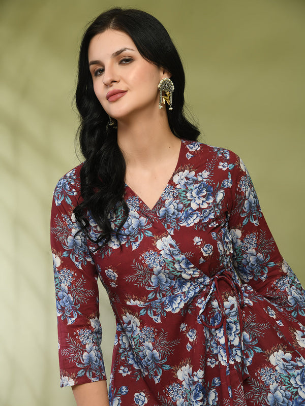 Floral Print Angrakha 3\4 Sleeves Flared Kurti