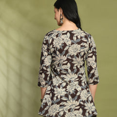 Floral Print Angrakha 3\4 Sleeves Flared Kurti