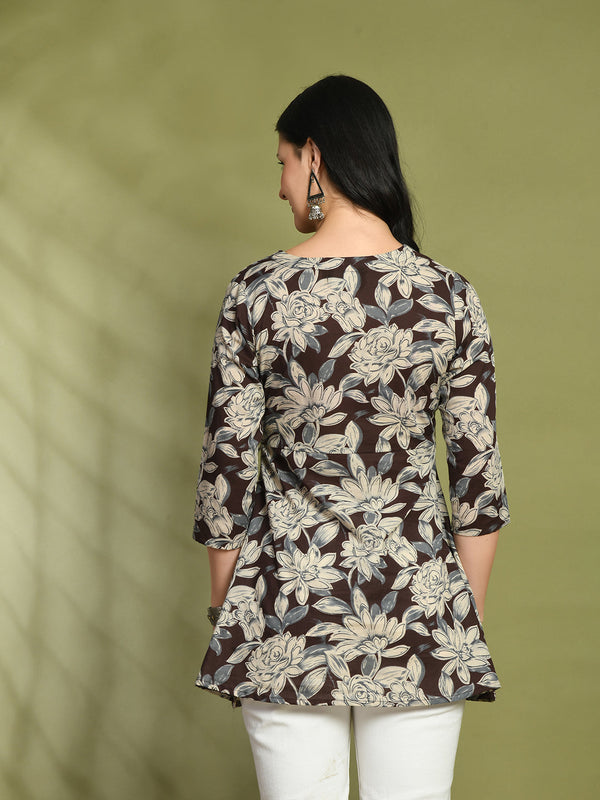 Floral Print Angrakha 3\4 Sleeves Flared Kurti