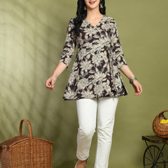 Floral Print Angrakha 3\4 Sleeves Flared Kurti