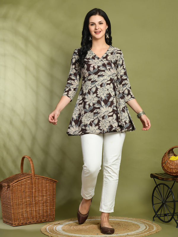 Floral Print Angrakha 3\4 Sleeves Flared Kurti