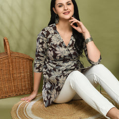 Floral Print Angrakha 3\4 Sleeves Flared Kurti