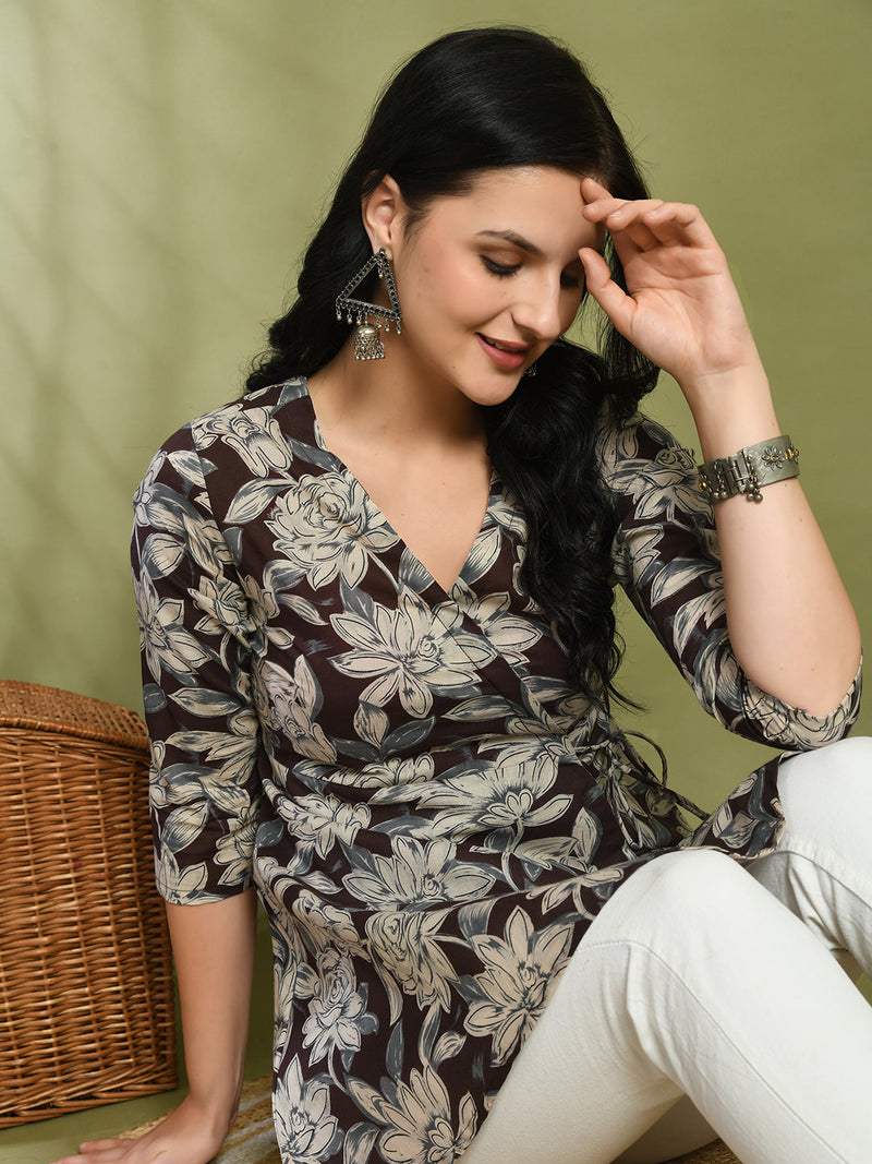 Floral Print Angrakha 3\4 Sleeves Flared Kurti