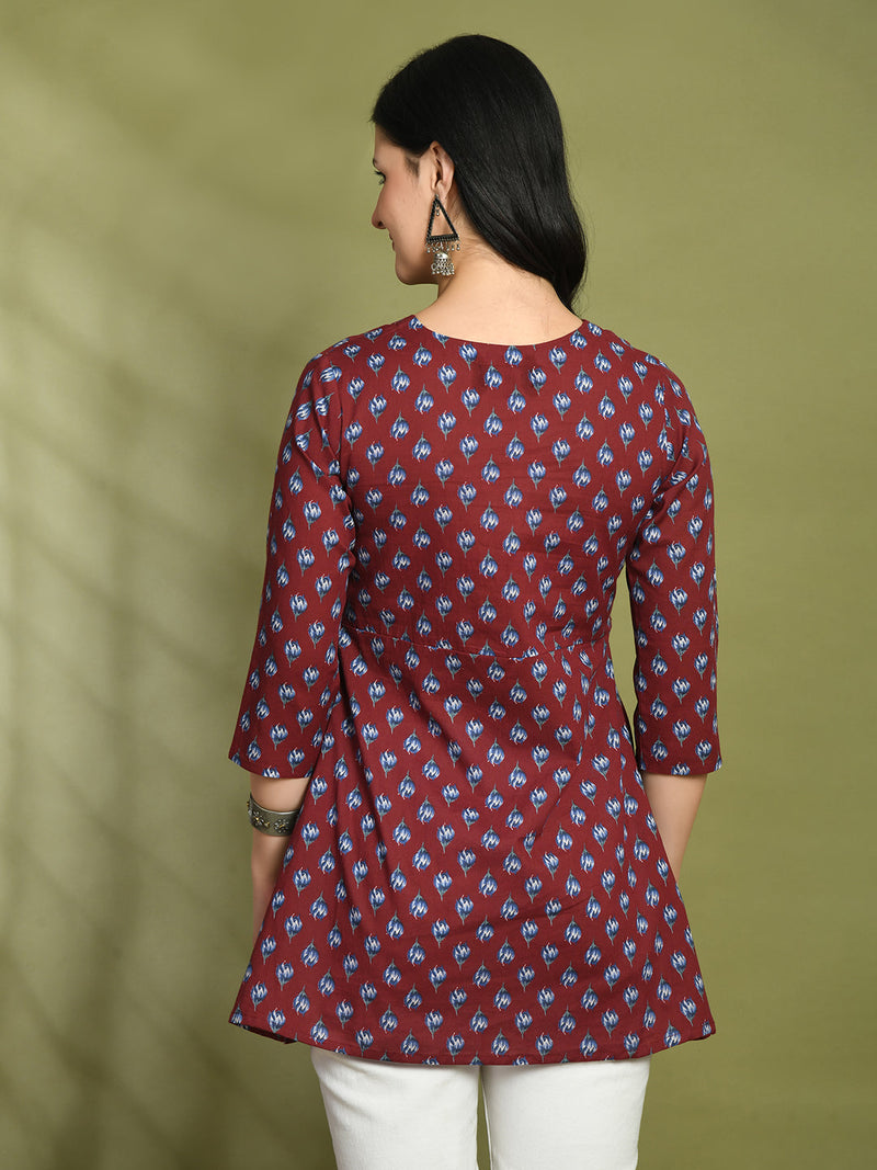 Floral Print Angrakha 3\4 Sleeves Flared Kurti