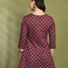 Floral Print Angrakha 3\4 Sleeves Flared Kurti