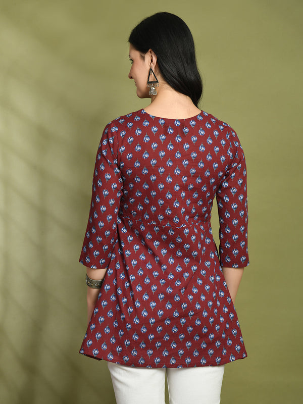 Floral Print Angrakha 3\4 Sleeves Flared Kurti